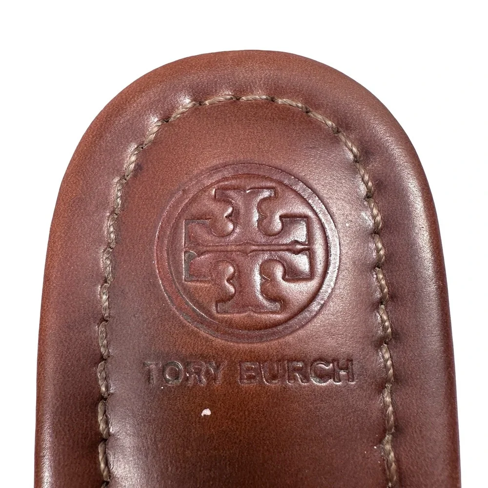 Tory Burch Miller Leather Thong Sandals Royal Tan Brown 6.5 Laser Cut Logo